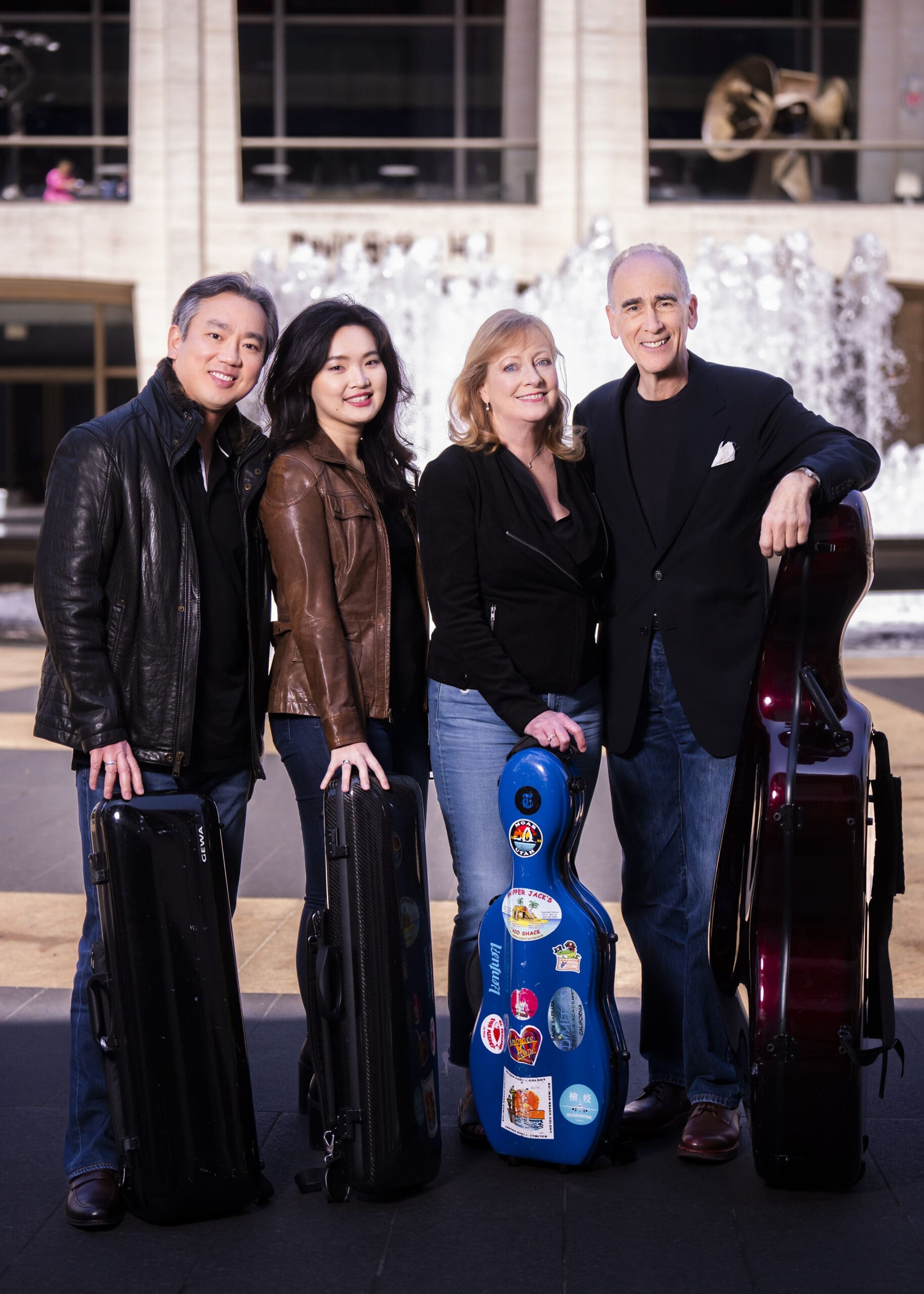 New York Philharmonic String Quartet (Frank Huang, Qianqian Li, Carter Brey and Cythia Phelps), photographed at Lincoln Center Plaza, 5/25/2023. Photop by Chris Lee