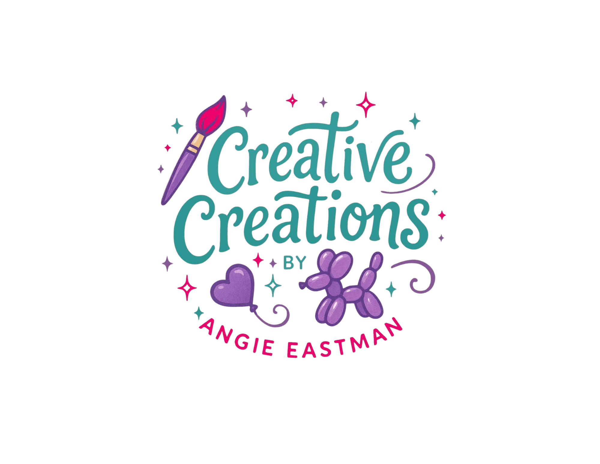 Logo for Creative Creations by Angie Eastman featuring a colorful paintbrush and teal script text with decorative stars, hearts, and balloons surrounding the name.